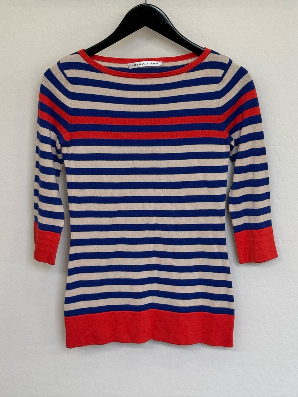 Trina Turk Nautical Striped Knit Pullover Sweater Blue Beige Red Cuffs Fits XS